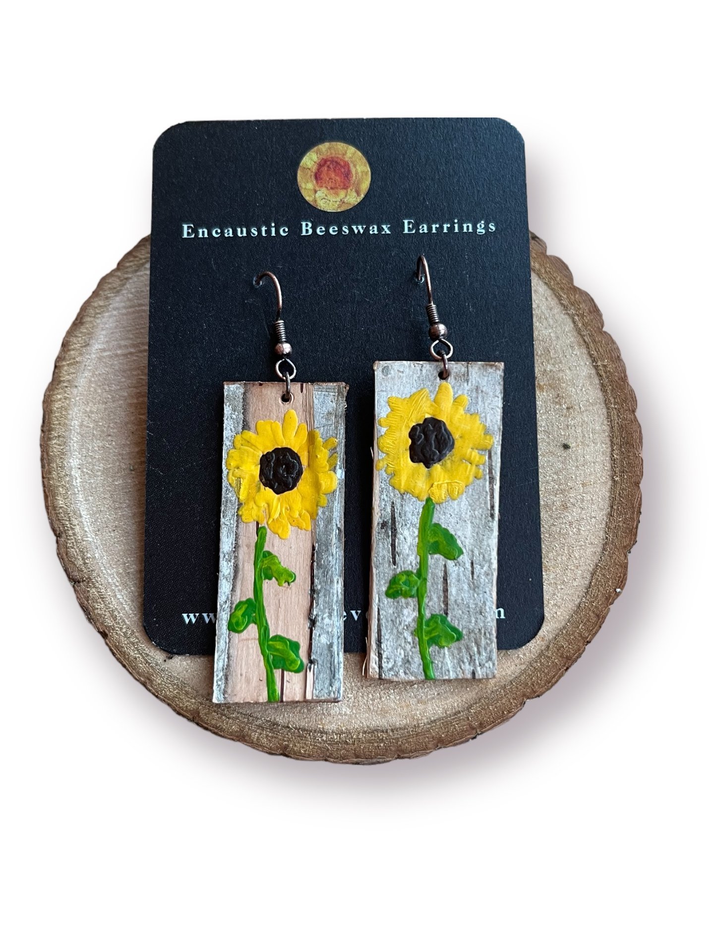 Sunflowers on Birch Encaustic Earrings