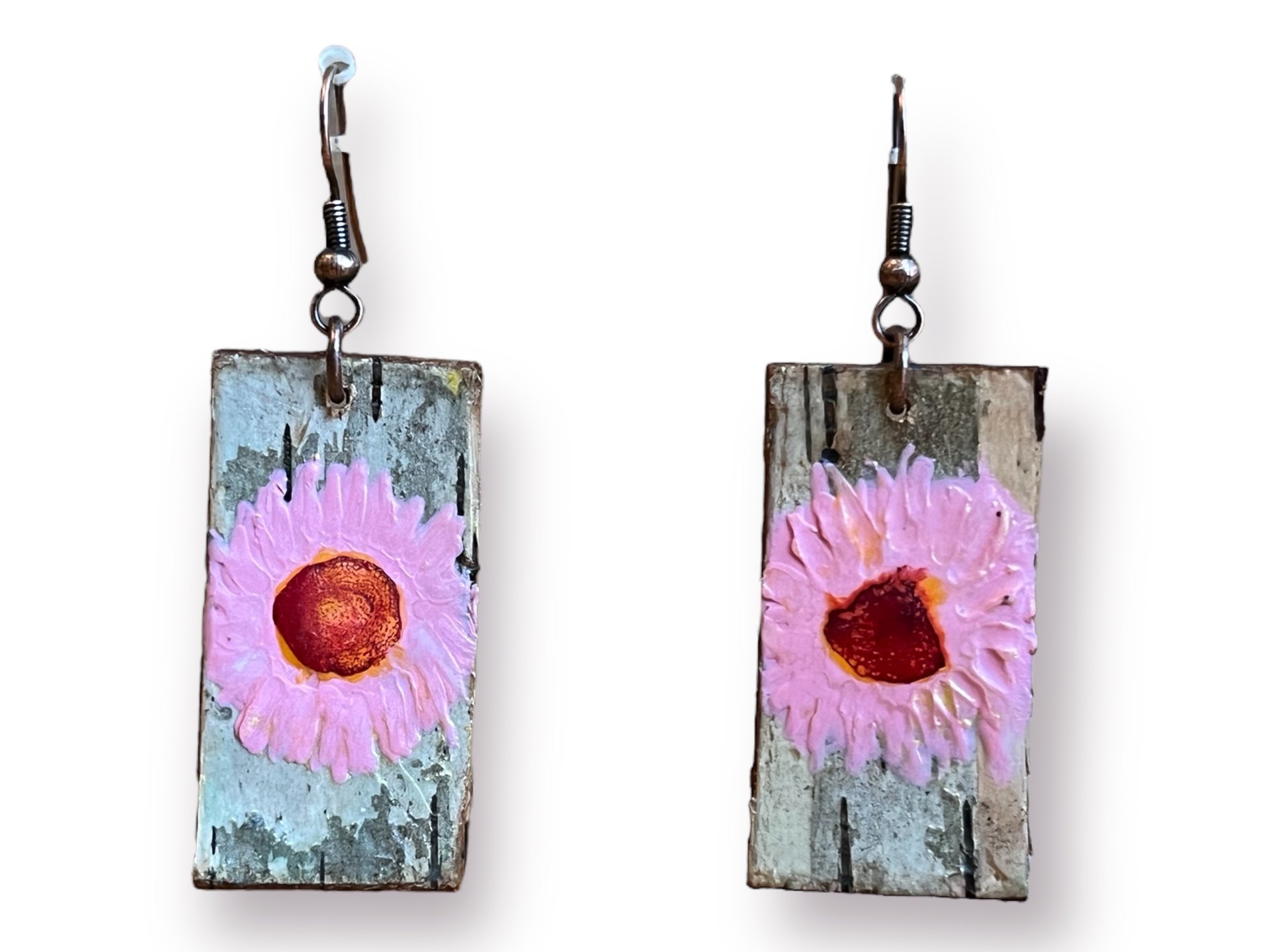 Abstract Pink Daisy Encaustic Earrings