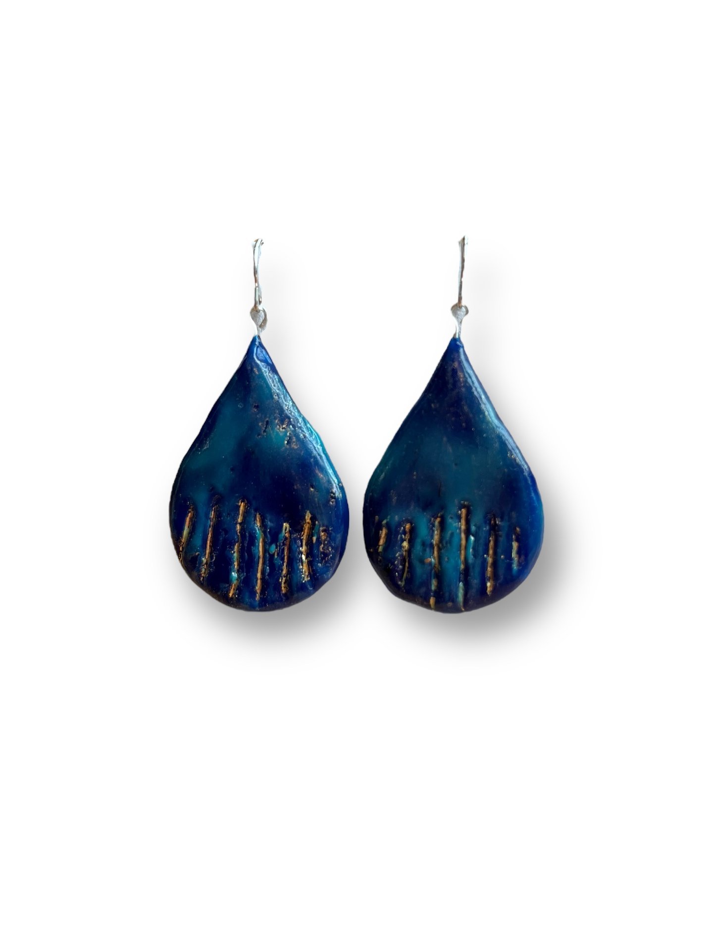 Blue and Gold Teardrop Shaped Encaustic Earrings