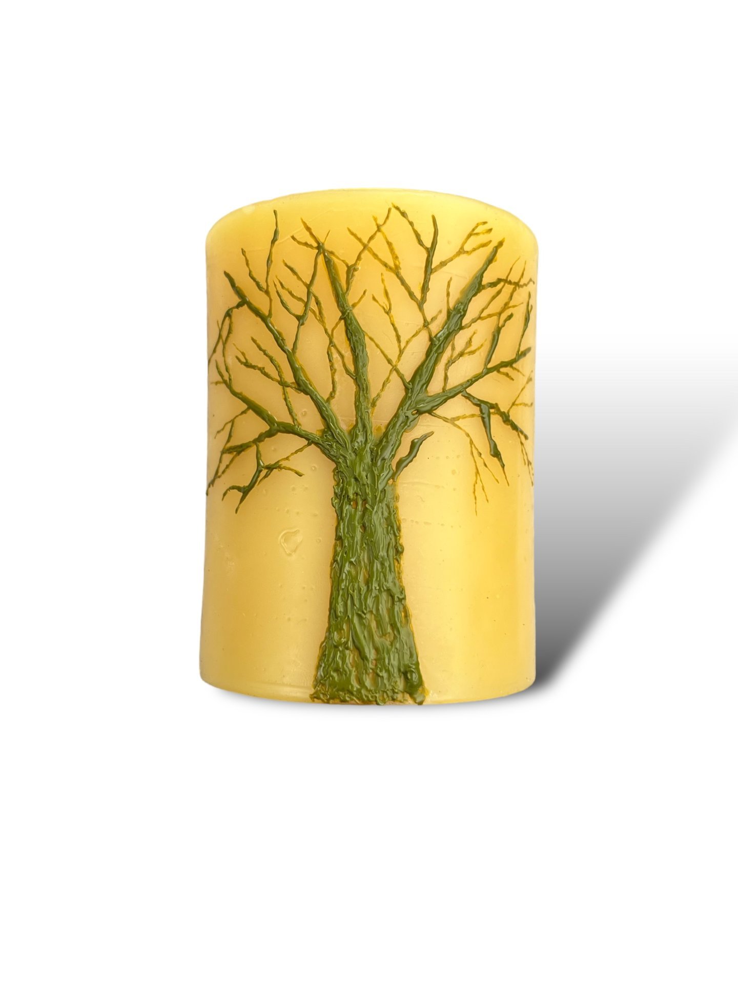 Beeswax Candle with a Light Green Encaustic Tree