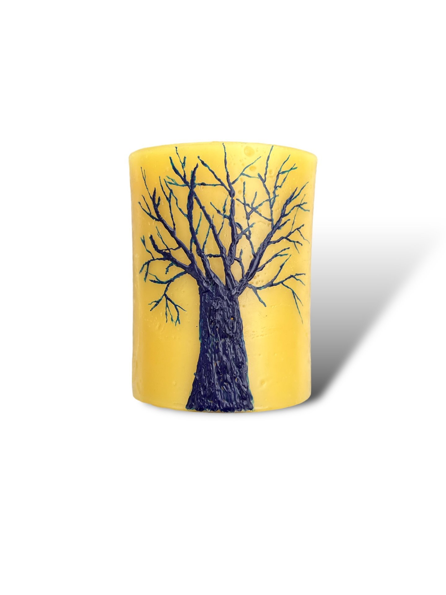 Beeswax Candle with a Blue Encaustic Tree