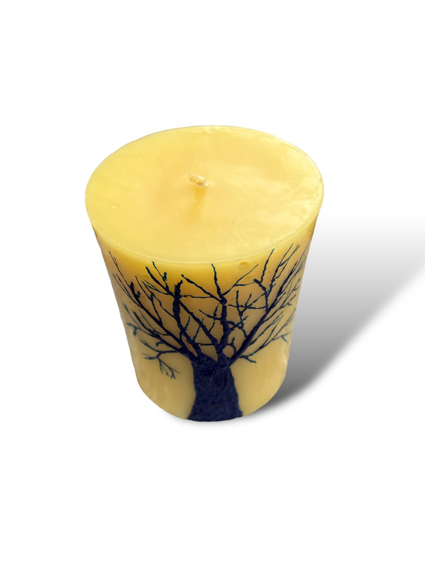 Beeswax Candle with a Blue Encaustic Tree