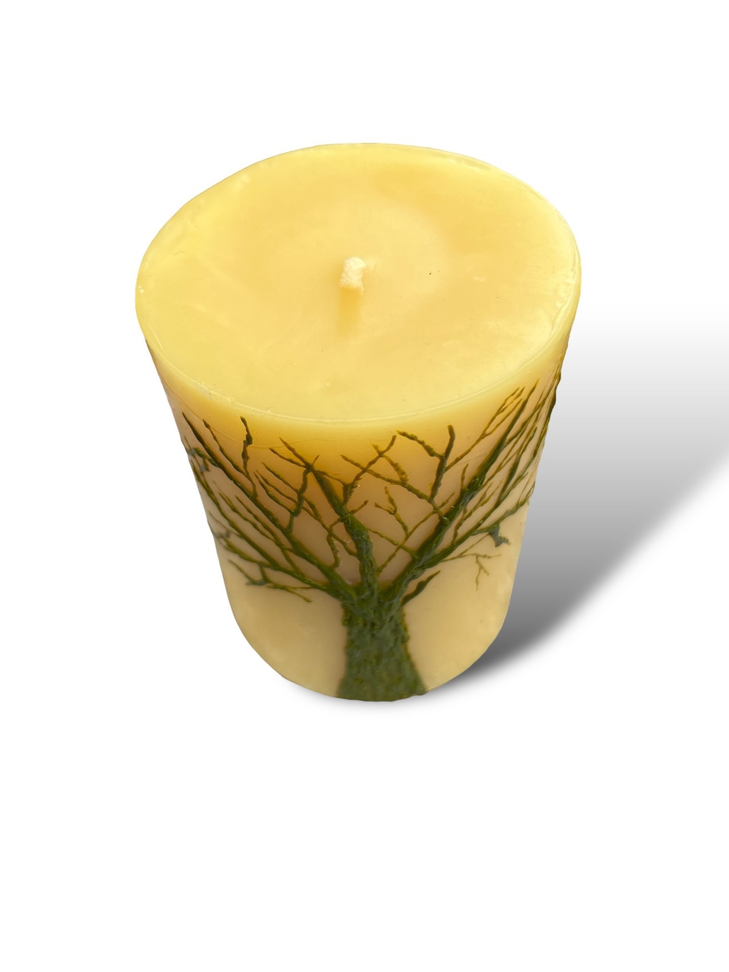 Beeswax Candle with a Light Green Encaustic Tree