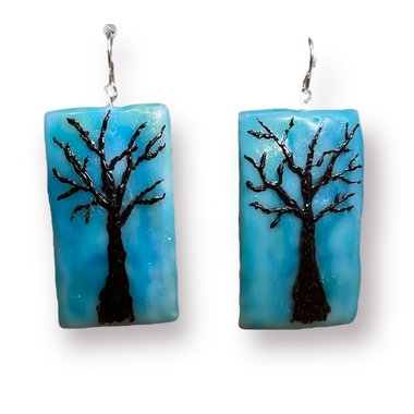 Blue Tree Encaustic Earrings