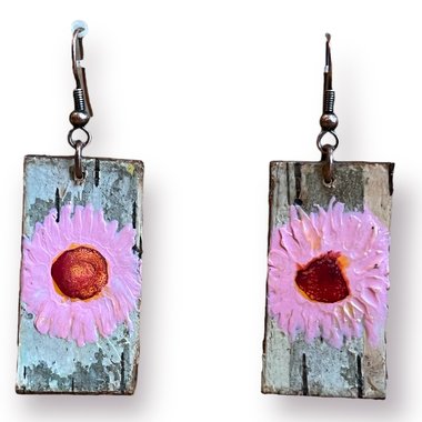 Abstract Pink Daisy Encaustic Earrings