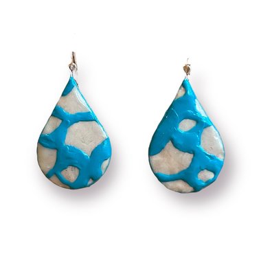 Teal & White Teardrop Shaped Encaustic Earrings