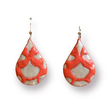 Warm Pink & White Teardrop Shaped Encaustic Earrings