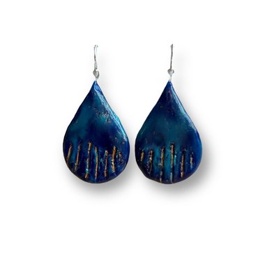 Blue and Gold Teardrop Shaped Encaustic Earrings