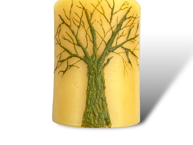 Beeswax Candle with a Light Green Encaustic Tree