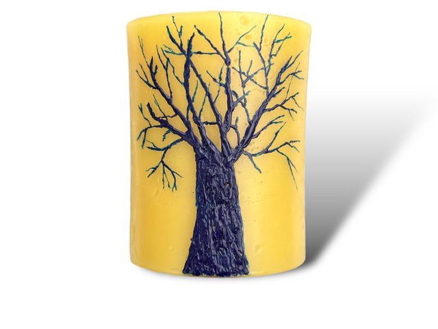 Beeswax Candle with a Blue Encaustic Tree