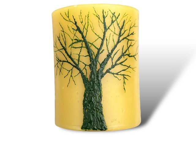 Beeswax Candle with a Dark Green Encaustic Tree