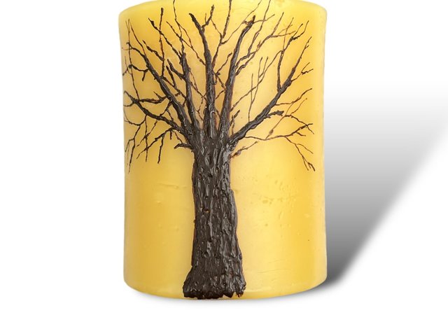Beeswax Candle with a Brown Encaustic Tree